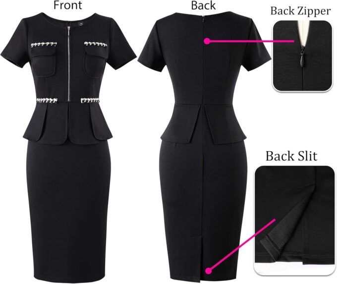 VFSHOW Damen-Kleid mit Schößchen, Rundhalsausschnitt, Fronttaschen mit Reißverschluss, figurbetontes Kleid – Bild 5