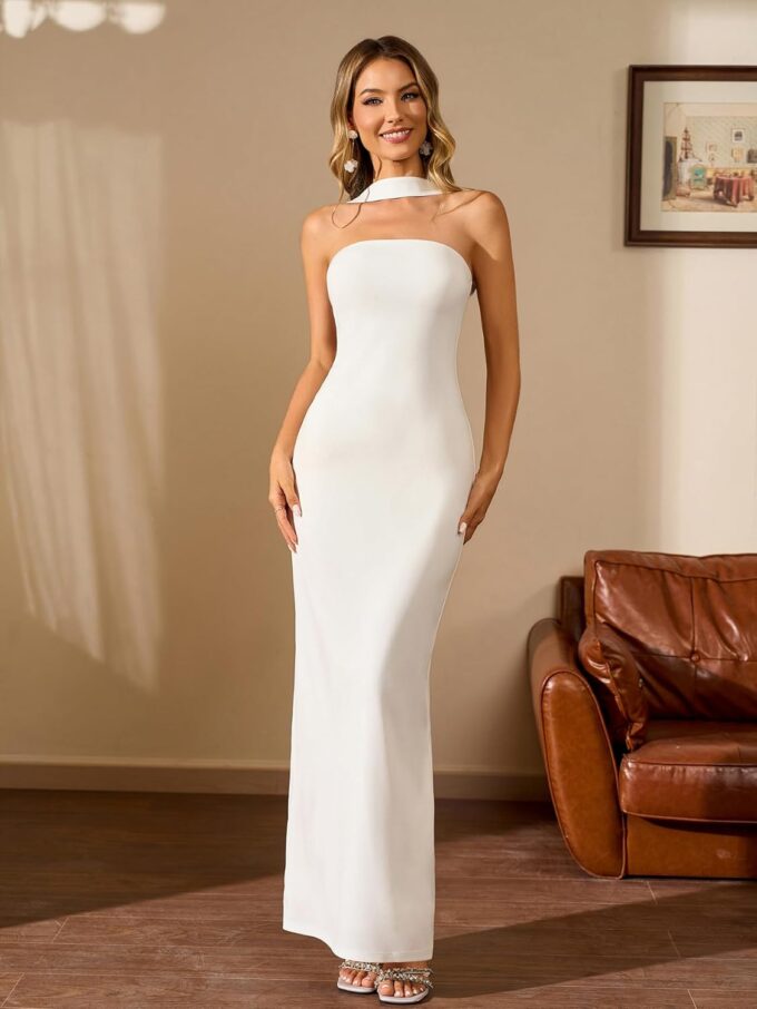 HTZMO Women Elegant Summer Bodycon Maxi Dress Halter Neck Formal Wedding Guest Cocktail Party Long Dresses – Bild 5