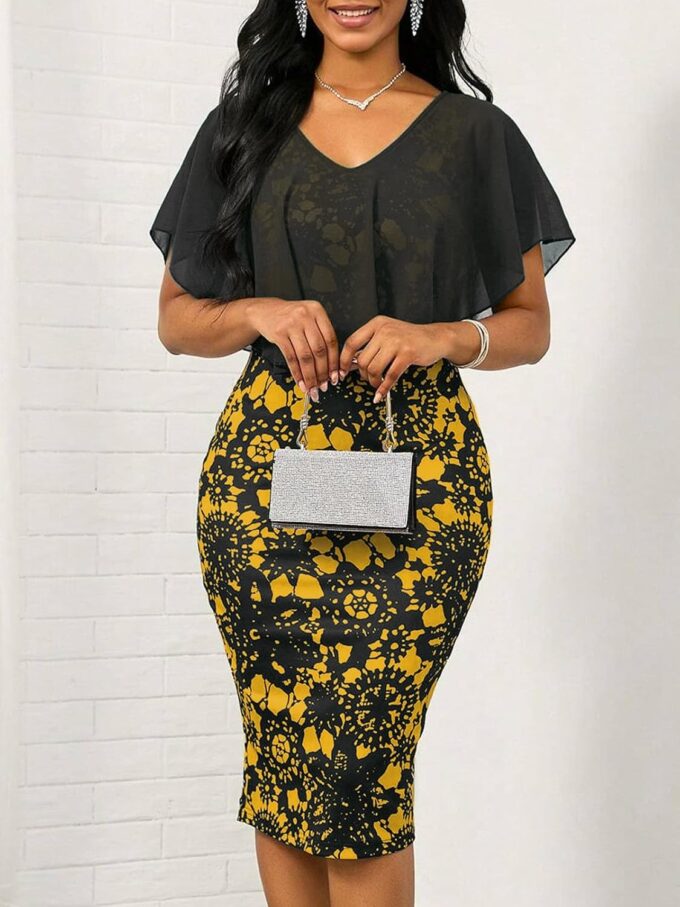 Yajedo Damen Midi Kleider Bodycon Boho Blumendruck Cocktailkleid Rüschen Elegant Bleistift Kurzarm Kleid – Bild 4