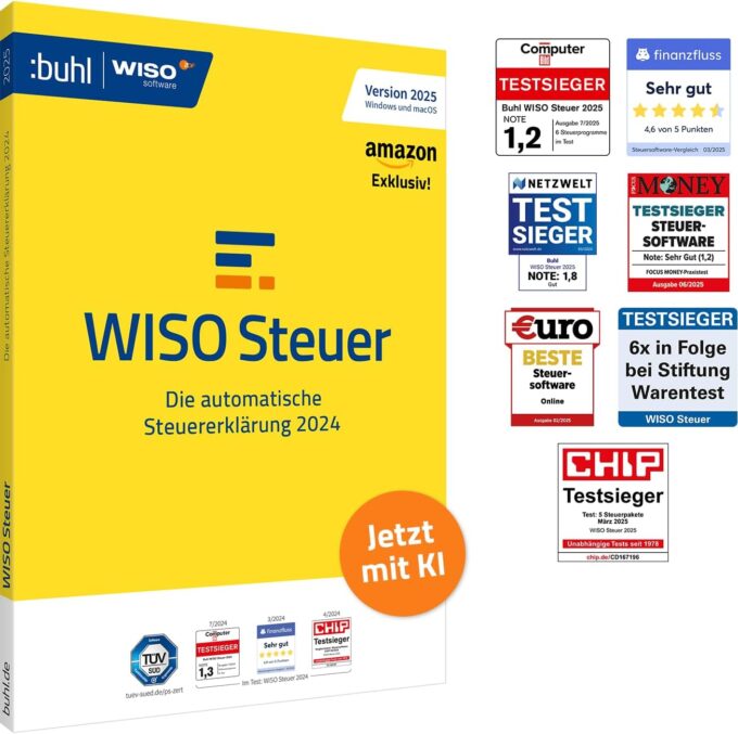 WISO Steuer 2025 (für Steuerjahr 2024)|Für Windows, Mac, Smartphones und Tablets|frustfreie Verpackung | Amazon Exklusiv