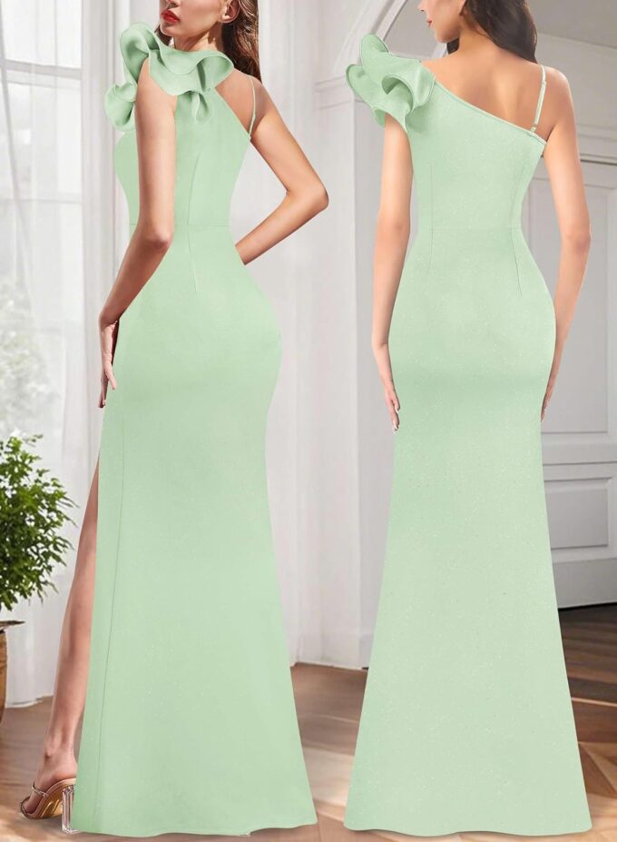 VFSHOW Womens Ruffle One Shoulder Strap Ruched Formal Prom Wedding Maxi Dress V Neck Elegant Split Cocktail Evening Long Gown – Bild 2