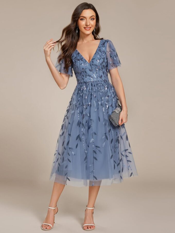 Ever-Pretty Damenkleid, Abendkleid, mittellang, Pailletten, V-Ausschnitt, kurze Ärmel, Cocktailkleid, Hochzeit EG02230 – Bild 6