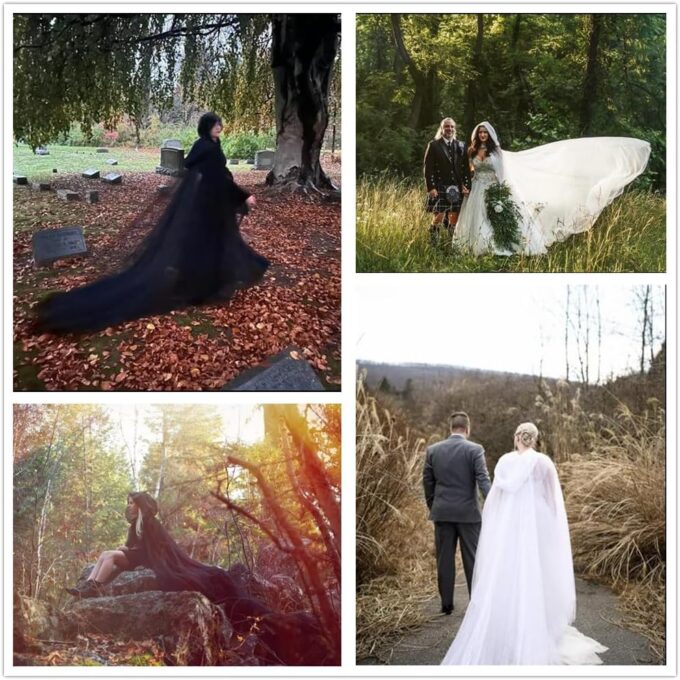 Women Wedding Tulle Cape Hooded Elf Cloak Bridal Dress Robe with Long Train – Bild 2