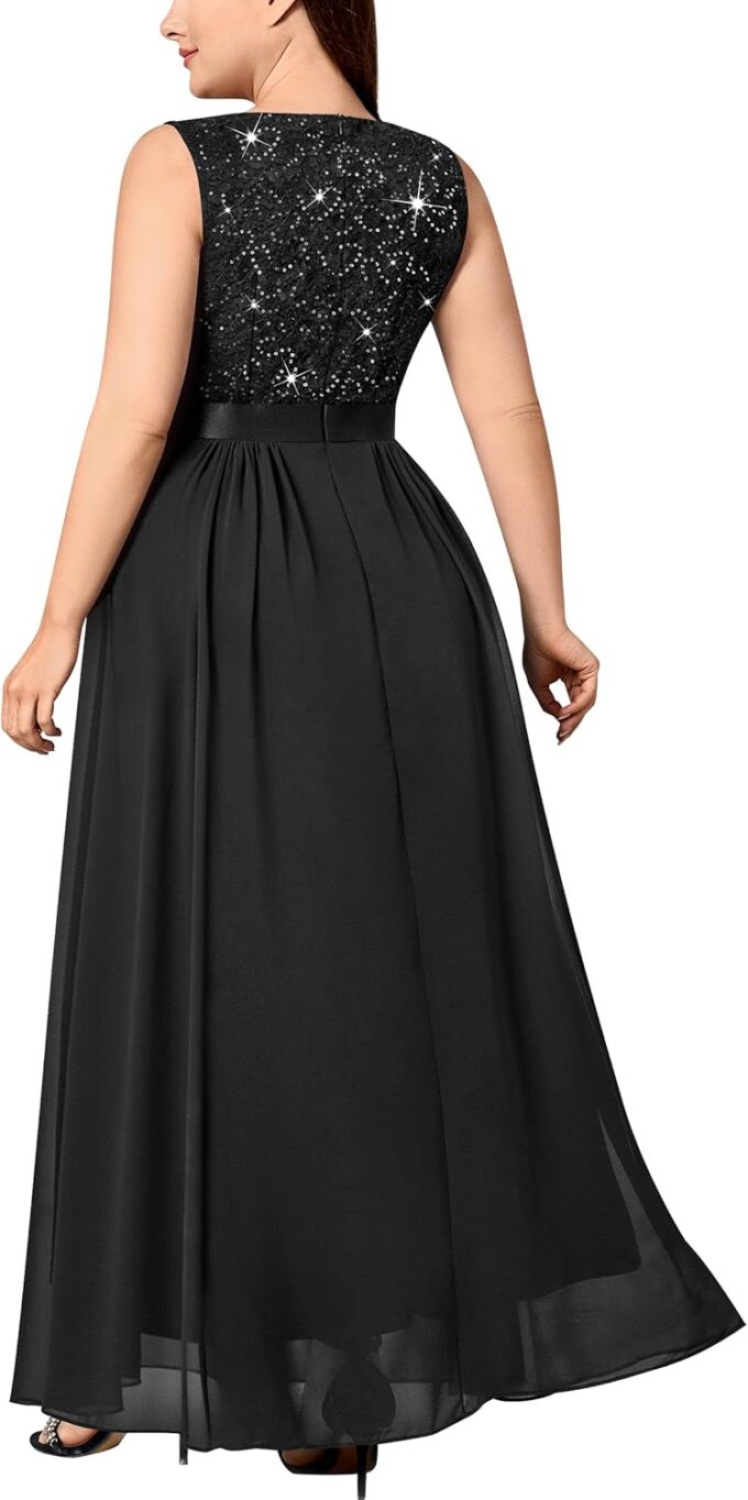 Knitee Women's Plus Size Sequin Lace Deep V-Neck Sleeveless Slit Formal Evening Maxi Dresses – Bild 2