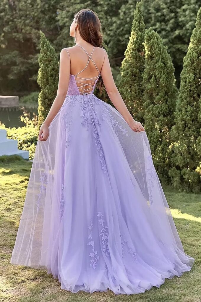 Ballkleid Damen Aus TüLl Mit SpaghettiträGern Lange Spitzenapplikationen Brautkleider - A Linie Formelle Party Abendkleider Ballkleider Lang Cocktailkleid Brautjungfernkleid – Bild 5