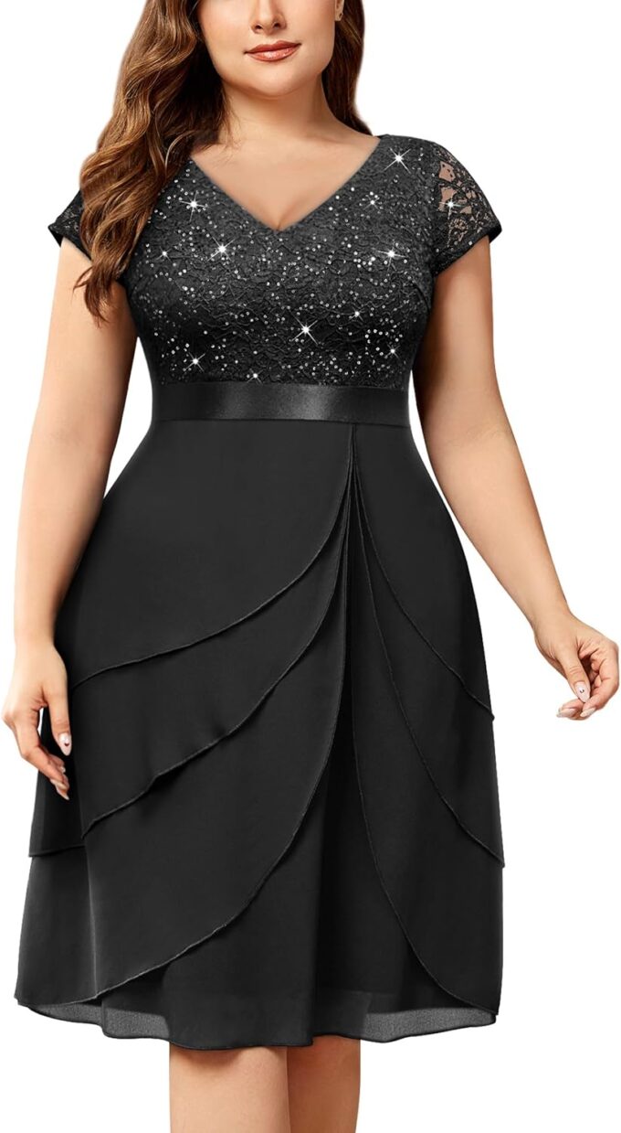 Miusol Women's Plus Size Sequin Lace V Neck Ruffle Tiered Chiffon Cocktail Party Dress