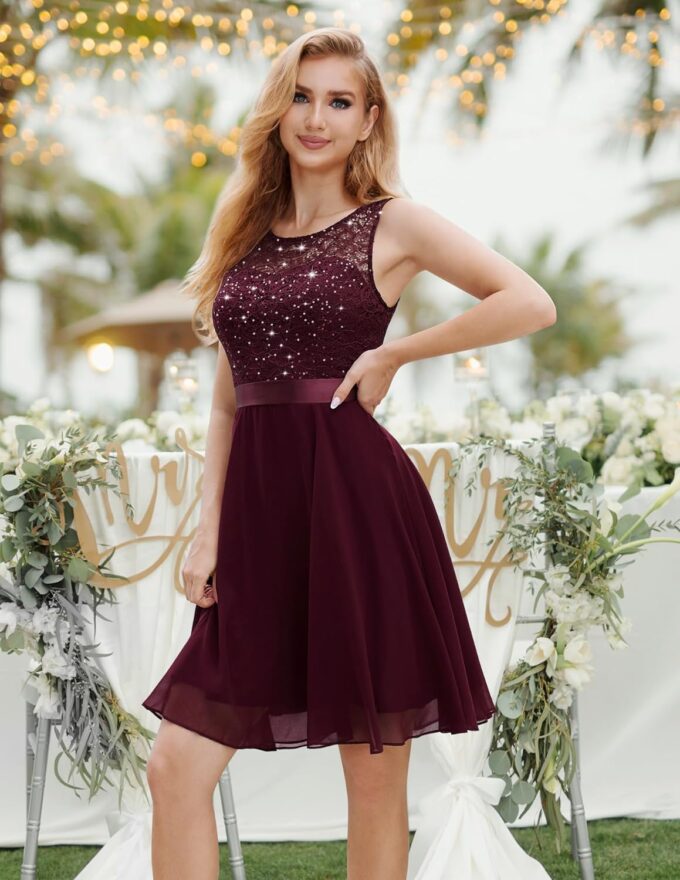 Berylove Cocktailkleid Damen Abendkleider Elegant für Hochzeit Kleid Hochzeitsgast Chiffon Ärmellos Spitzenkleid – Bild 3