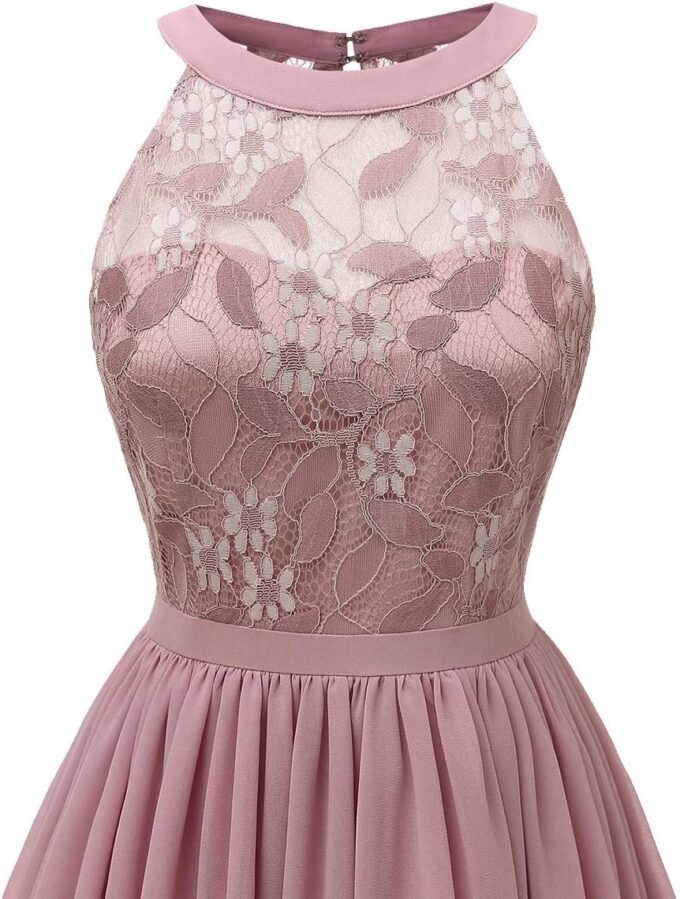 Abendkleider Elegant für Hochzeit Damen Neckholder Swing Spitzen Chiffon Cocktailkleid – Bild 4