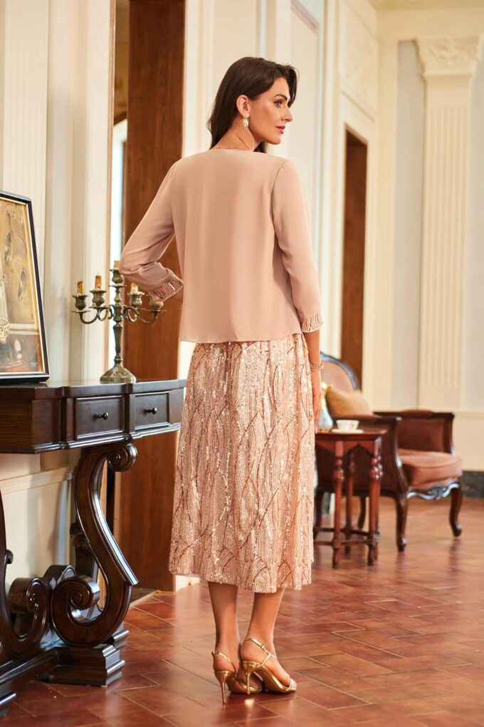 GRACE KARIN Damen Pailletten Abendkleid Ärmellos Cocktailkleid Zweiteilige mit Chiffon Cardigan Hochzeitkleid Festliche Glitzer Kleid – Bild 3
