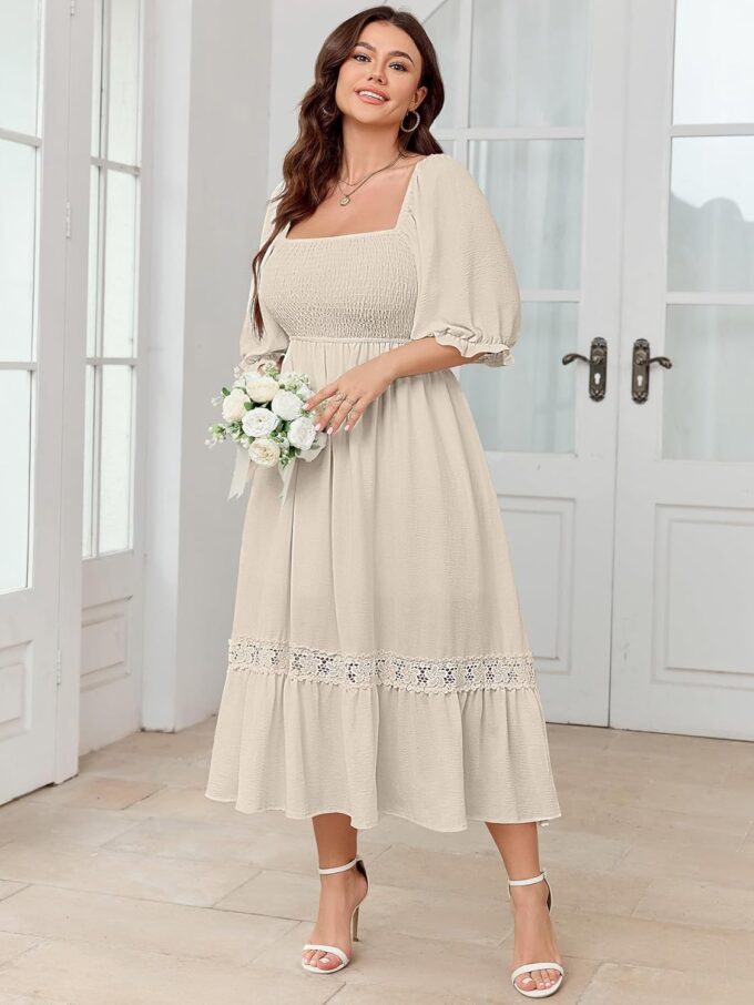 SCOMCHIC Women's Plus Size Maxi Dress Short Sleeve Square Neck Smocked Flowy A-Line Lace Trim Boho Wedding Guest Dresses – Bild 3