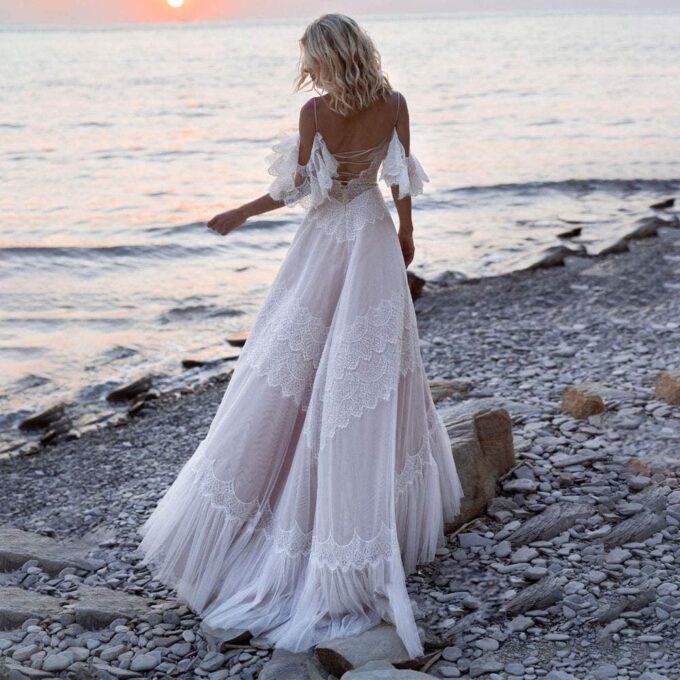 Women's Wedding Dresses Chic Lace Evening Dresses V Neck Ruffle Sleeves Beachy Boho Outdoorsy Wedding Gowns – Bild 2
