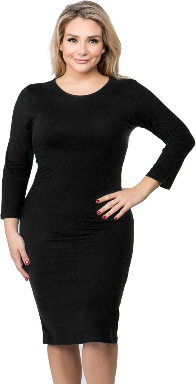 ICONOFLASH Damen 3/4 Ärmel Bodycon Midikleid Rundhals Enganliegendes Kleider mit Übergröße Optionen – Bild 4