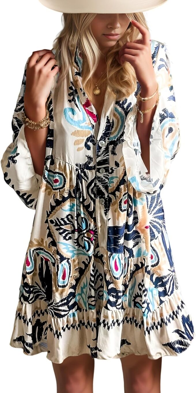Summer Dresses for Women 2025 Flowy Ruffle 3/4 Sleeve V Neck Tiered Casual Babydoll Boho Beach Mini Dress