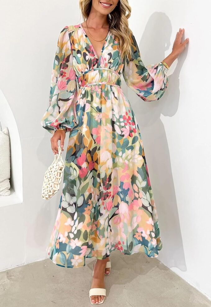 Women's Long Sleeve Floral Maxi Dress Summer Wedding Guest Dress – Bild 3