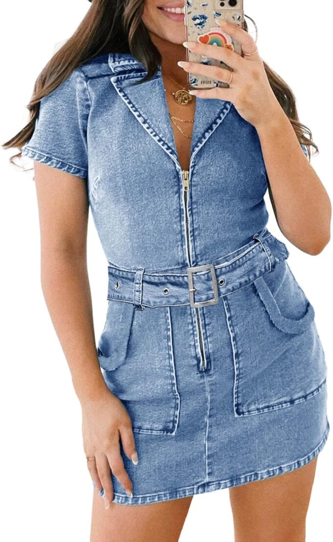Wenrine Womens Summer Denim Dresses Bodycon Zipper Front Belted Sexy Mini Casual Dress with Pockets – Bild 2