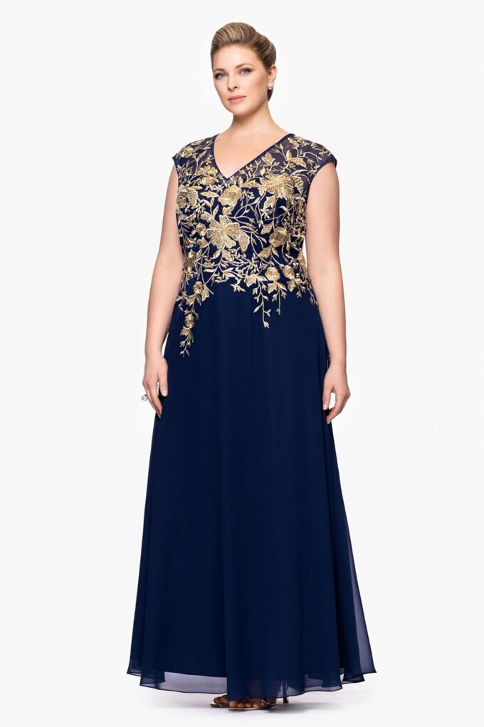 Betsy & Adam Women's Floor-Length Chiffon Gown, Short Sleeve, Embroidered, with A-line Silhouette – Bild 2