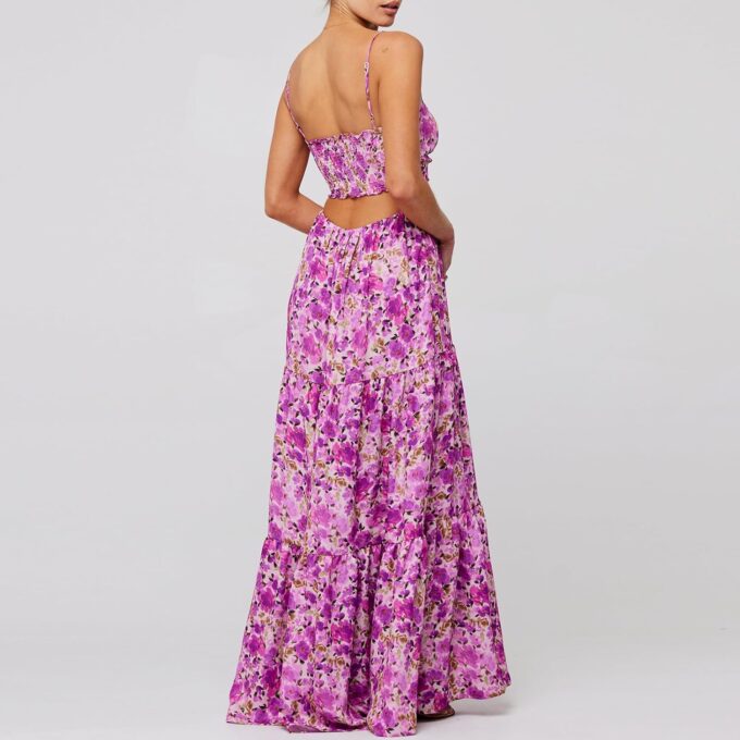 Summer Floral Sundress for Women Spaghetti Straps Hollow Out Tie Front Maxi Dress Flowy Smocked Bohemia Dress – Bild 3