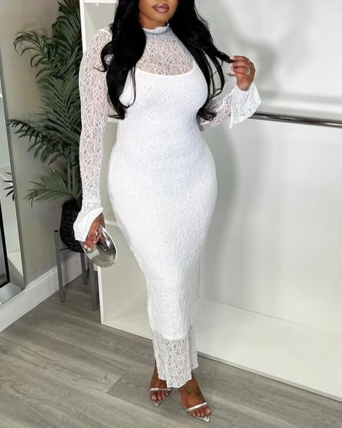 Uni Clau Womens Sexy Lace Dresses Long Sleeve See Through Bodycon Midi Dress 2 Piece Dress Set Birthday Date Night Outfit – Bild 5