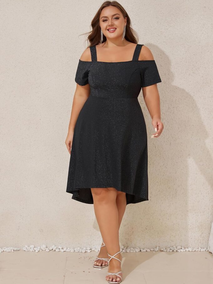 ZNU Women’s Plus Size Cocktail Dresses - 2025 Summer Elegant Glitter Cold Shoulder Evening Party Dress A-Line Midi Dress – Bild 3