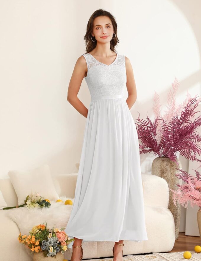 DRESSTELLS Damen Abendkleid Bodenlang Elegant für Hochzeit Chiffon Brautjungfernkleider Spitzen Cocktailkleid Ärmellos Ballkleid White M – Bild 5
