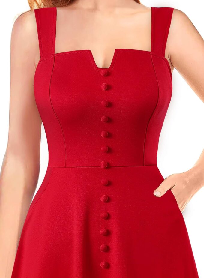 VFSHOW Damen Business-Kleid mit quadratischem Ausschnitt, Knöpfen, Taschen, Arbeit, Büro, elegant, Vintage, Kirche, A-Linie, schwingendes Cami-Kleid – Bild 3