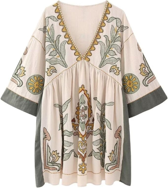 Womens Oversized Embroidered Dress with V-Neck and 3/4 Sleeves Vintage Embroidery Babydoll Dress – Bild 5