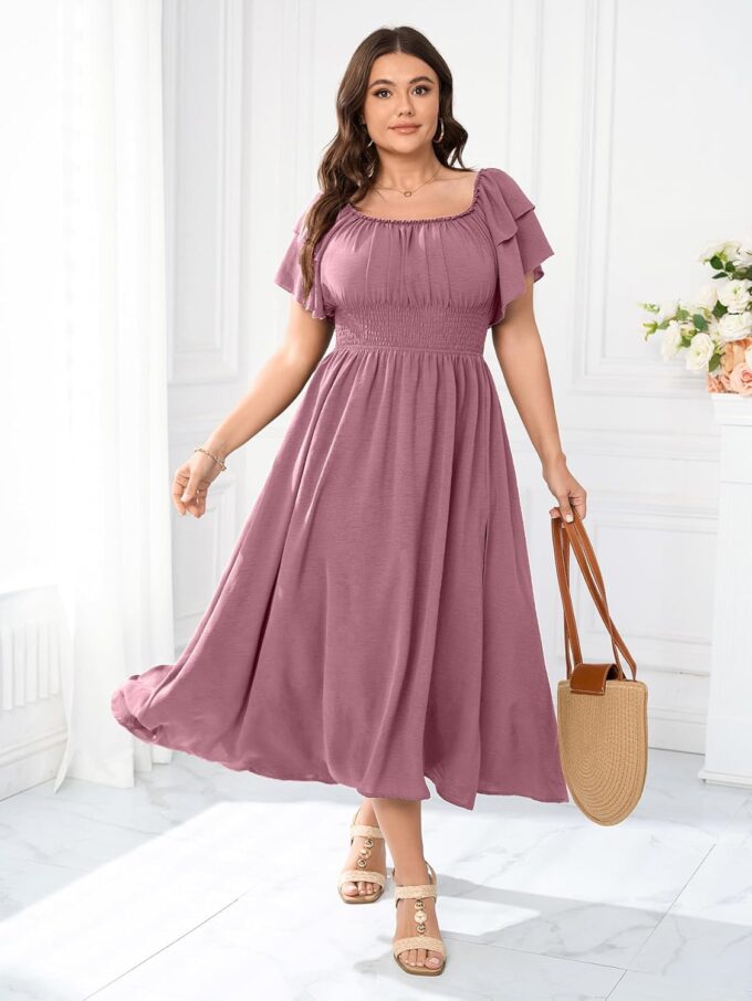 Plus Size Maxi Dress Off The Shoulder Ruffle Smocked Wedding Guest Cocktail Slit Hem Flowy Dresses for Curvy Women – Bild 3