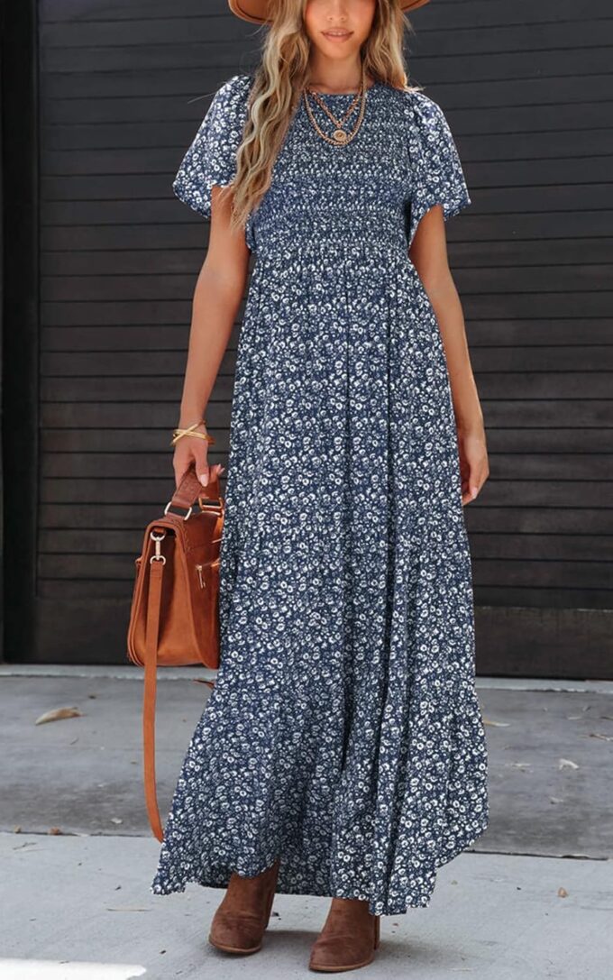 PRETTYGARDEN Women's 2025 Summer Casual Flutter Short Sleeve Boho Floral Maxi Dress Crew Neck Smocked Tiered Long Dresses – Bild 4