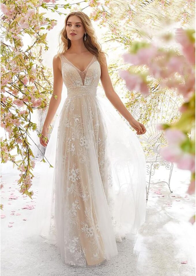 CUTTE Rückenfreies Ärmelloses Spitzenhochzeitskleid Chiffon-Brautjungfernparty Cocktailkleid Strand Maxikleid Lose Vintage A-Linie Brautkleider Sommerkleid,White,M – Bild 5