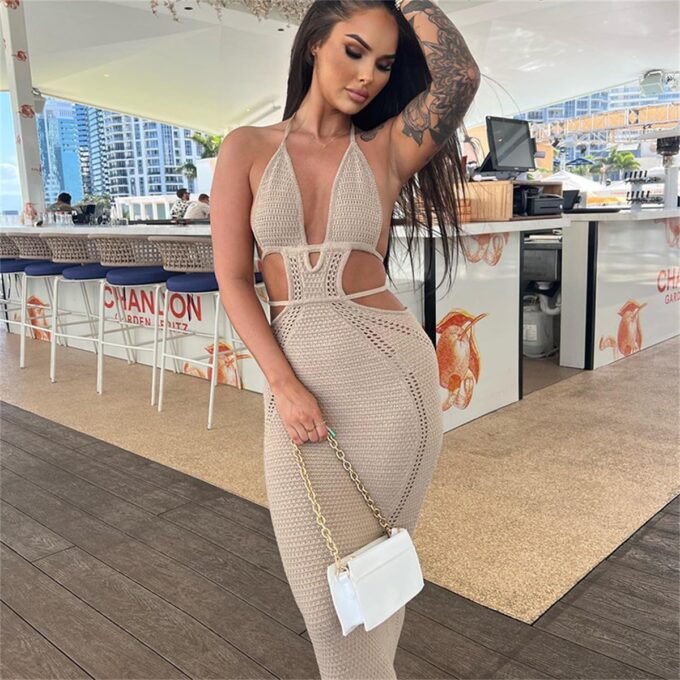 Women Sexy V Neck Bodycon Sweater Dress Knitted Halter Backless Hollow Out Waist Maxi Dress Party Club Long Dresses – Bild 3