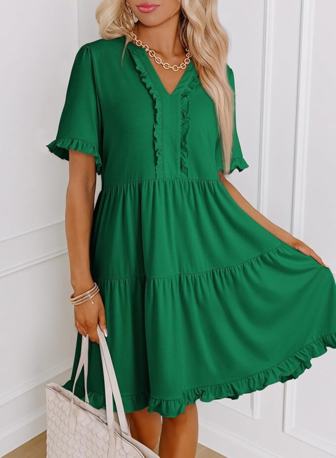 Dokotoo Womens Dresses 2025 Summer Spring V Neck Short Sleeve Casual A Line Flowy Swing Shift Dress Mini Dress – Bild 3