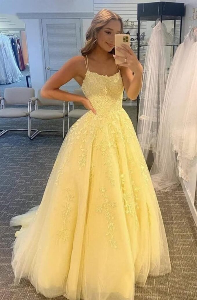 Ballkleid Damen Aus TüLl Mit SpaghettiträGern Lange Spitzenapplikationen Brautkleider - A Linie Formelle Party Abendkleider Ballkleider Lang Cocktailkleid Brautjungfernkleid – Bild 3