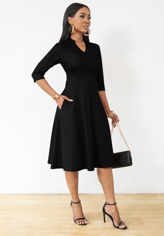 Nmoder Casual Dresses for Women Semi Formal Fit and Flare 3/4 Sleeve A-line Church Work Dress with Pockets – Bild 2