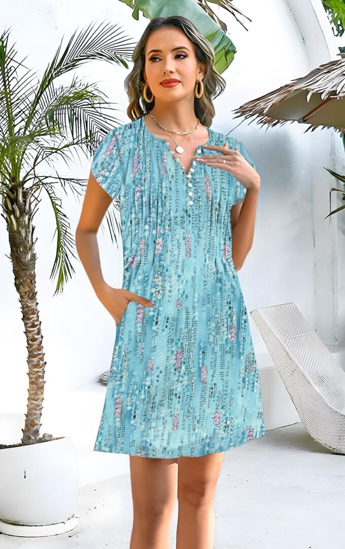 Disamer Womens Casual Dresses Short Sleeve Summer Dresses 2025 Boho Floral Beach Sundresses Spring A-Line Dress with Pockets – Bild 2