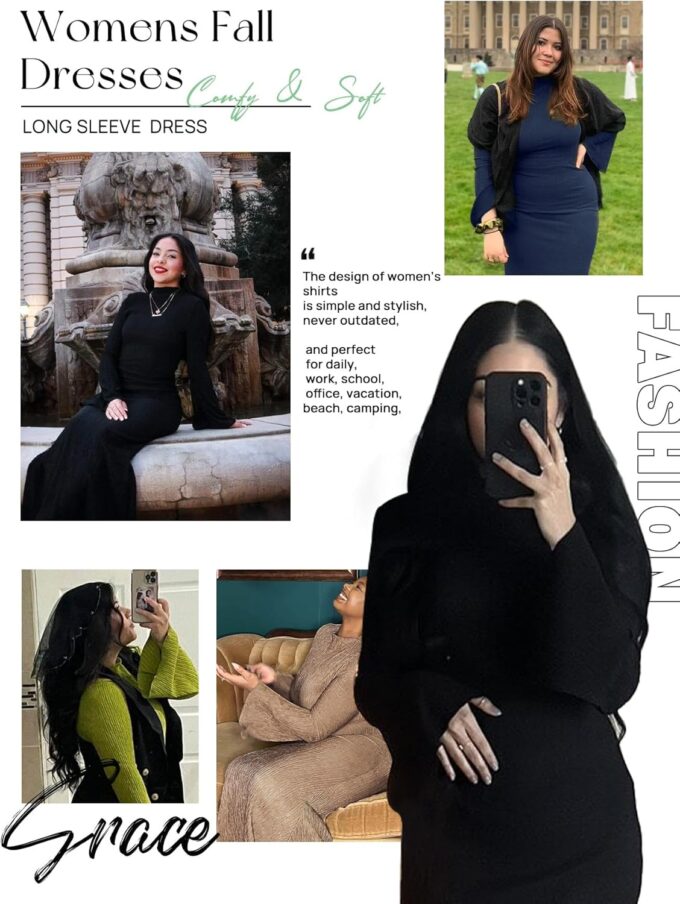 Narecte Fall Dresses for Women 2025 Maxi Dresses Solid Color Boho Dress Flare Sleeve Bodycon Dress – Bild 6