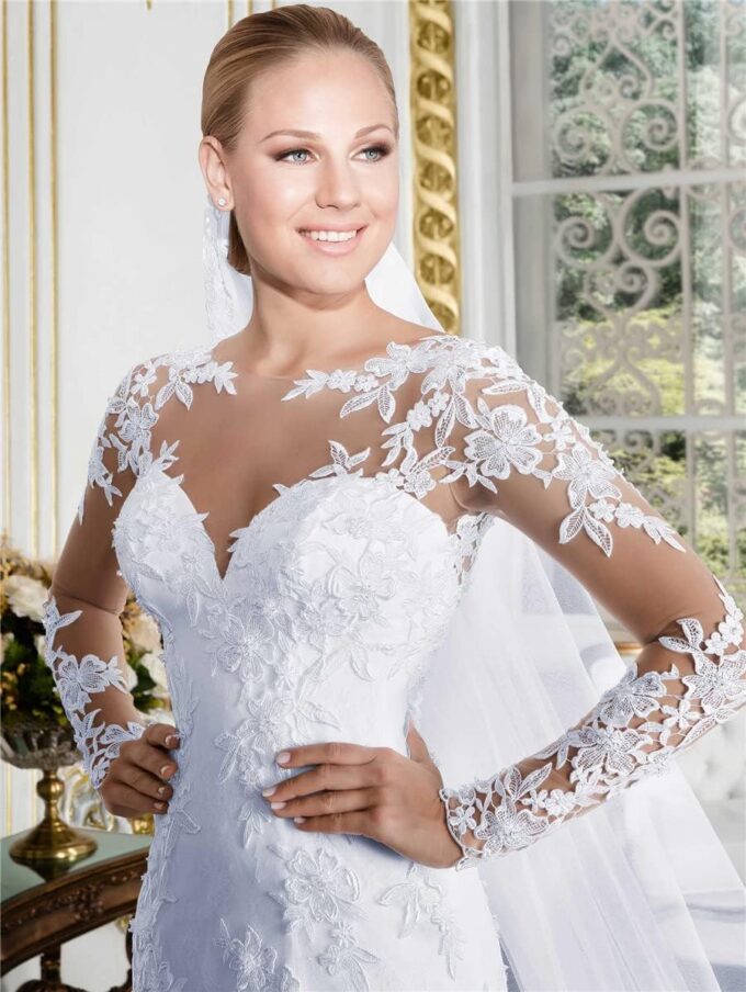CongMing-huajia Brautkleid Große Frauen Langarm V-Ausschnitt Spitze Applique Kleid Weiß – Bild 2