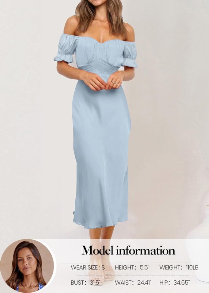 KIRUNDO Women's 2025 Summer Satin Midi Dress Off The Shoulder Wrap Ruched Wedding Guest Party Cocktail Formal Prom Dresses – Bild 2