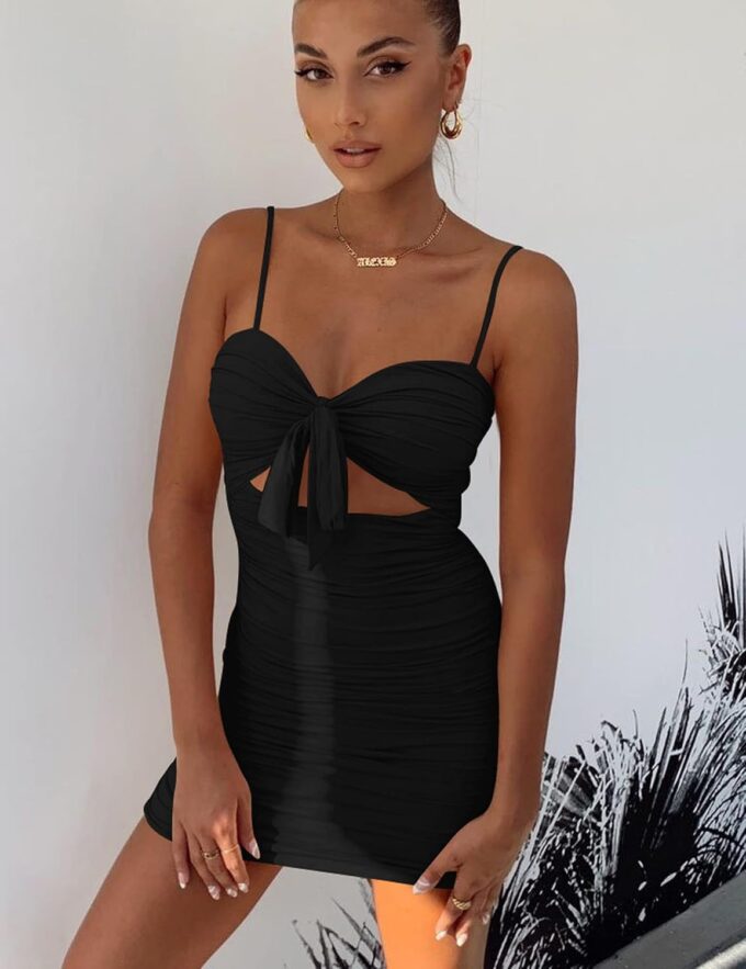 BORIFLORS Women's Sexy Bodycon Cut Out Ruched Backless Spaghetti Strap Mini Club Party Dresses – Bild 5