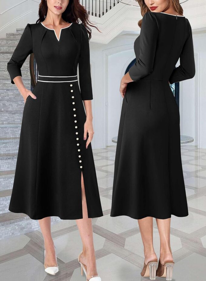 VFSHOW Damen-Midikleid mit Plisseefalten, V-Ausschnitt, Taschen, Knöpfen, Arbeit, Büro, Business, A-Linie – Bild 2