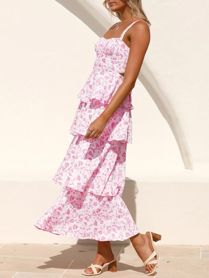 Fisoew Womens Floral Maxi Dresses Spaghetti Strap Casual Sleeveless Ruffle Flowy Tiered Dress – Bild 4