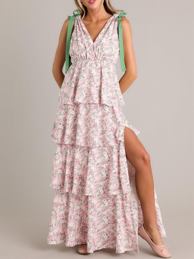 Wenrine Womens Summer Floral Maxi Dress Tie Strap Sleeveless V Neck High Slit Boho Ruffle Tiered Beach Dresses – Bild 2