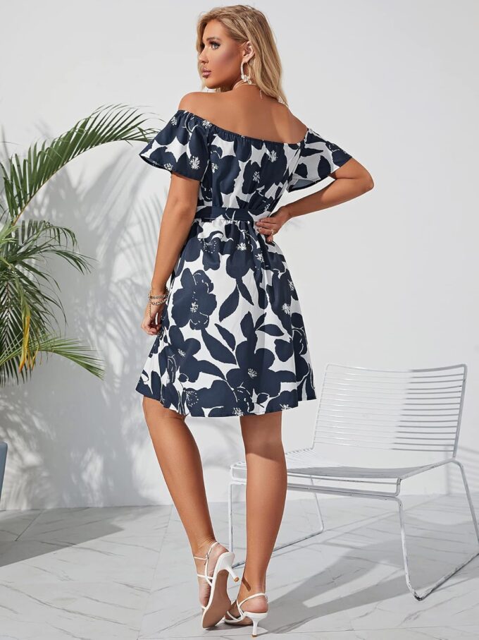 Womens Off Shoulder Ruffle Floral Summer Wedding Guest Dresses A Line Shift Short Skater Dress with Belt – Bild 2