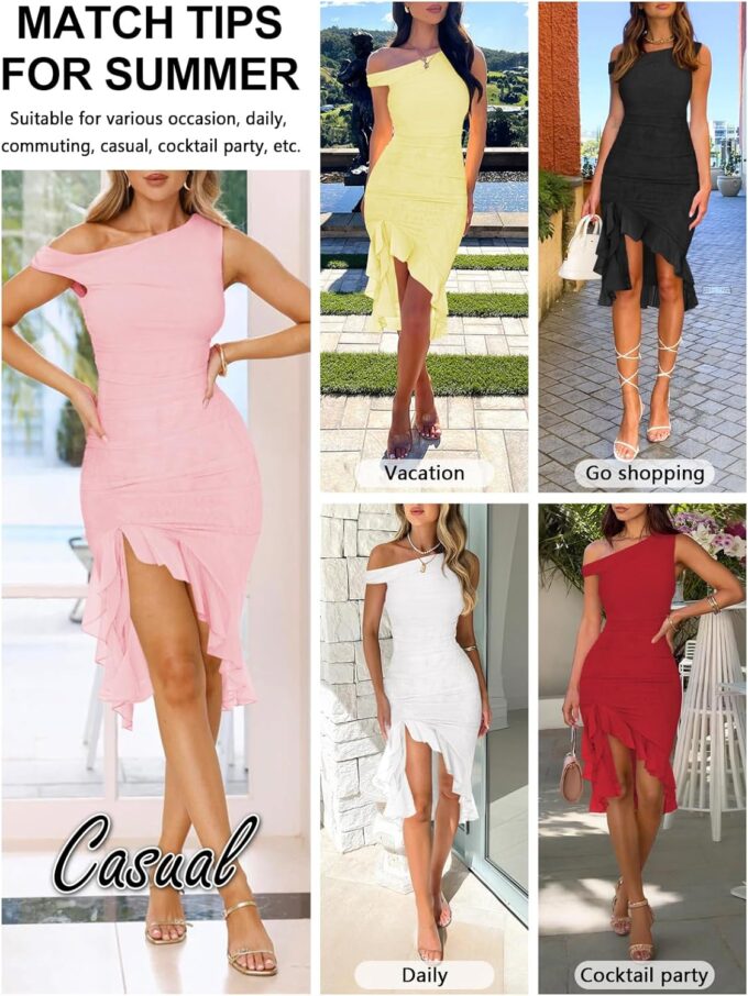 Women Sleeveless One Shoulder Bodycon Midi Dress Summer Side Slit Mesh Irregular Ruffle Cocktail Dress for Women – Bild 5