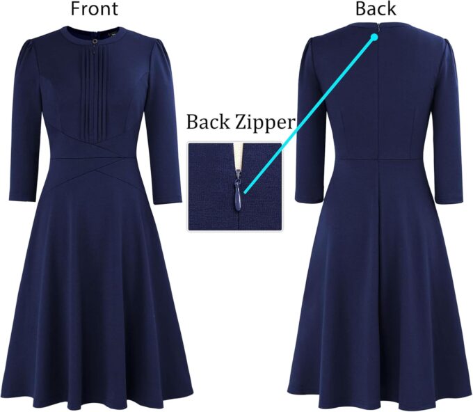 VFSHOW Damen-Kleid, plissiert, Rundhalsausschnitt, Reißverschluss vorne, für Arbeit, Büro, Business, A-Linie, schmale Passform und ausgestelltes Kleid – Bild 7