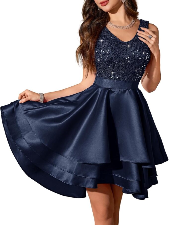 Meetjen Women's Sequin Prom Dresses Cocktail Party Sparkly Short V Neck A-line High Low Satin Formal Dress for Wedding