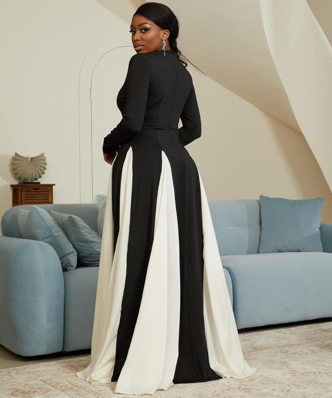 Wedding Guest Dresses for Women Elegant Long Sleeve Patchwork Pleated Swing Long Dress Formal Maxi Dress – Bild 5