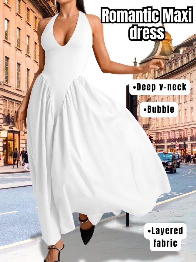 Deep V Neck Dress, Halter Maxi Dresses, Vacation Date Night, Sexy for Women Corset Flowy Wedding Guest Drop Waist – Bild 2