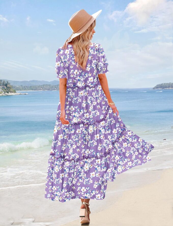 YESNO Summer Casual Bohemian Floral Dresses for Women Puff Short Sleeve Long Maxi Dress with Pockets ETX – Bild 4