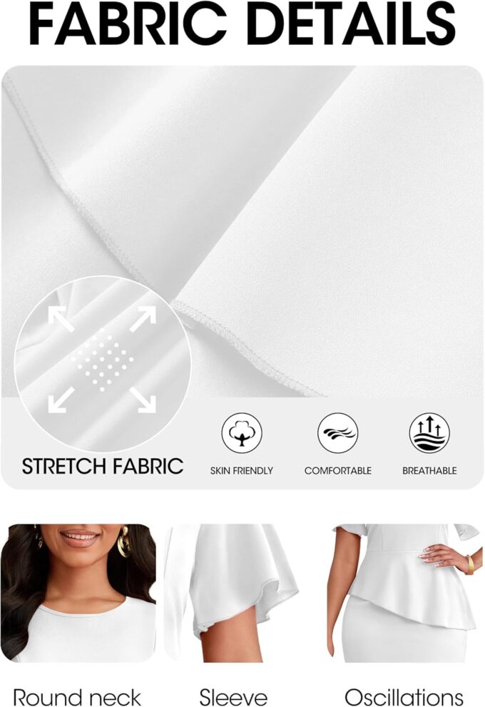 FANDEE Damen Wear to Work Bodycon Midi Kleid Rüschen Ausgestellt Kurzarm Business Kirche Cocktail Rundhals Bleistiftkleid – Bild 6