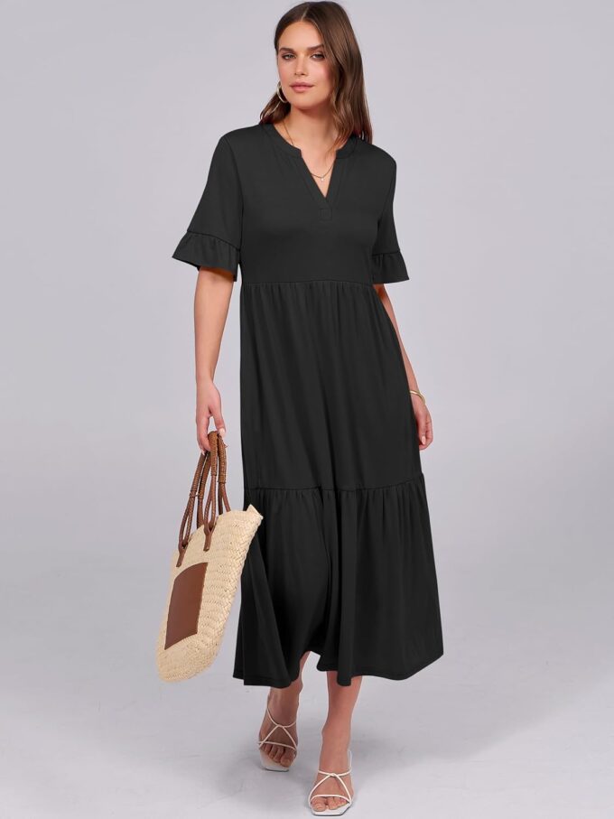 ANRABESS Women's Casual Summer Ruffle Short Sleeve T Shirts Maxi Dress 2025 Spring V Neck Flowy Tiered Boho Beach Dresses – Bild 6